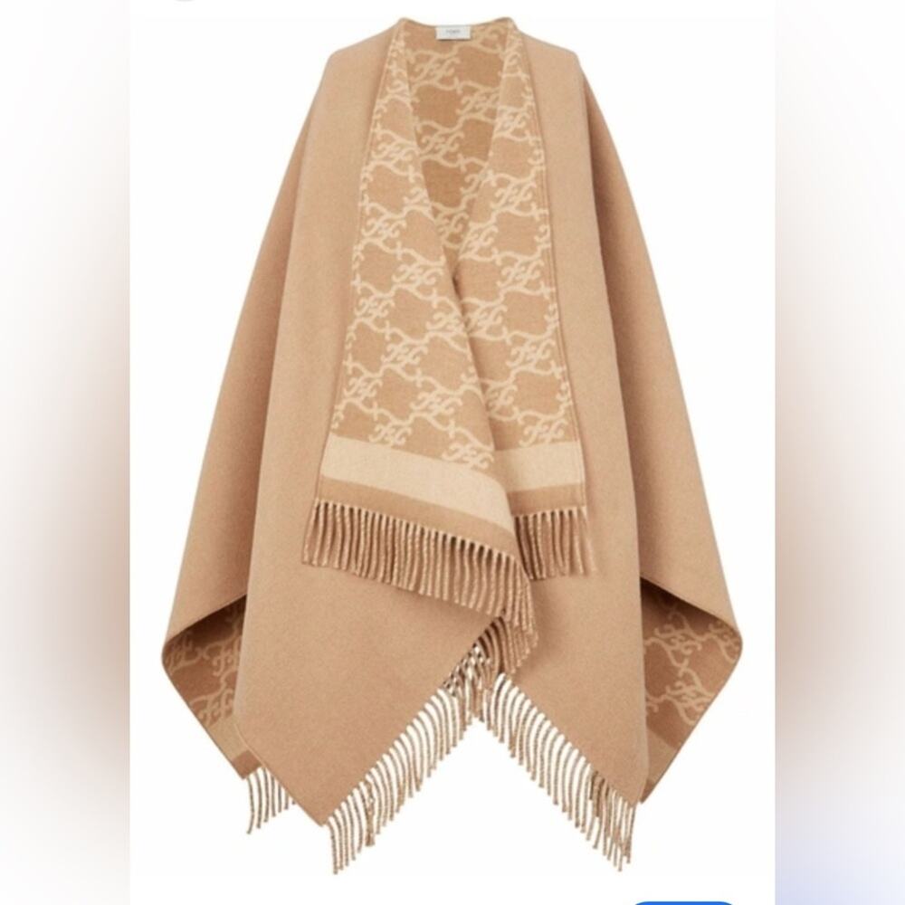 Fendi Reversible FF logo Shawl Cape Tan with Fringe wool Cashmere Blend Poncho